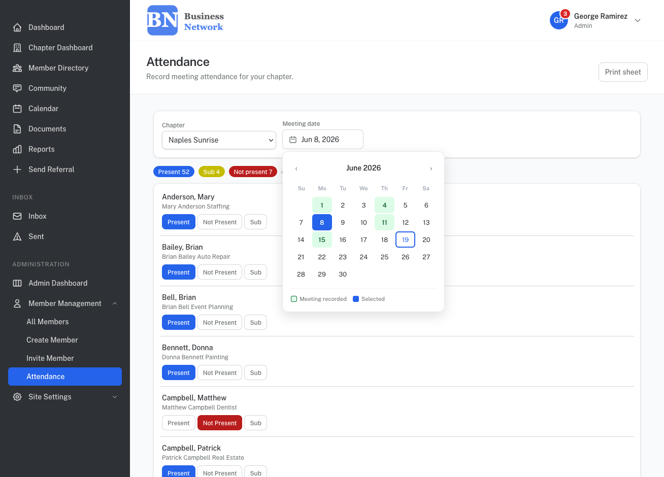 Live attendance tracking page showing present, sub, and absent counts