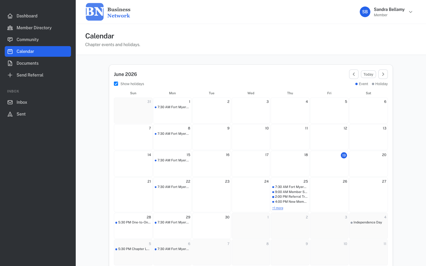Calendar showing weekly chapter meetings and special events