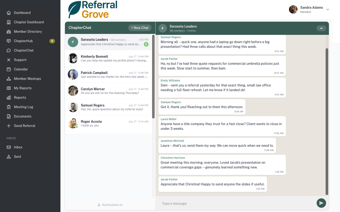 Chapter group chat showing real-time messages between members