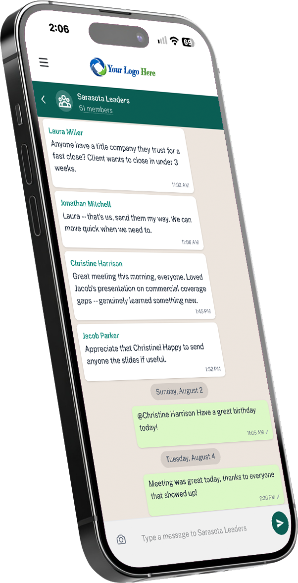 Chapter group chat showing real-time messages between members