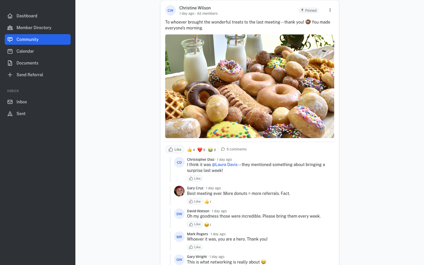 Community feed with posts, photos, and member interactions