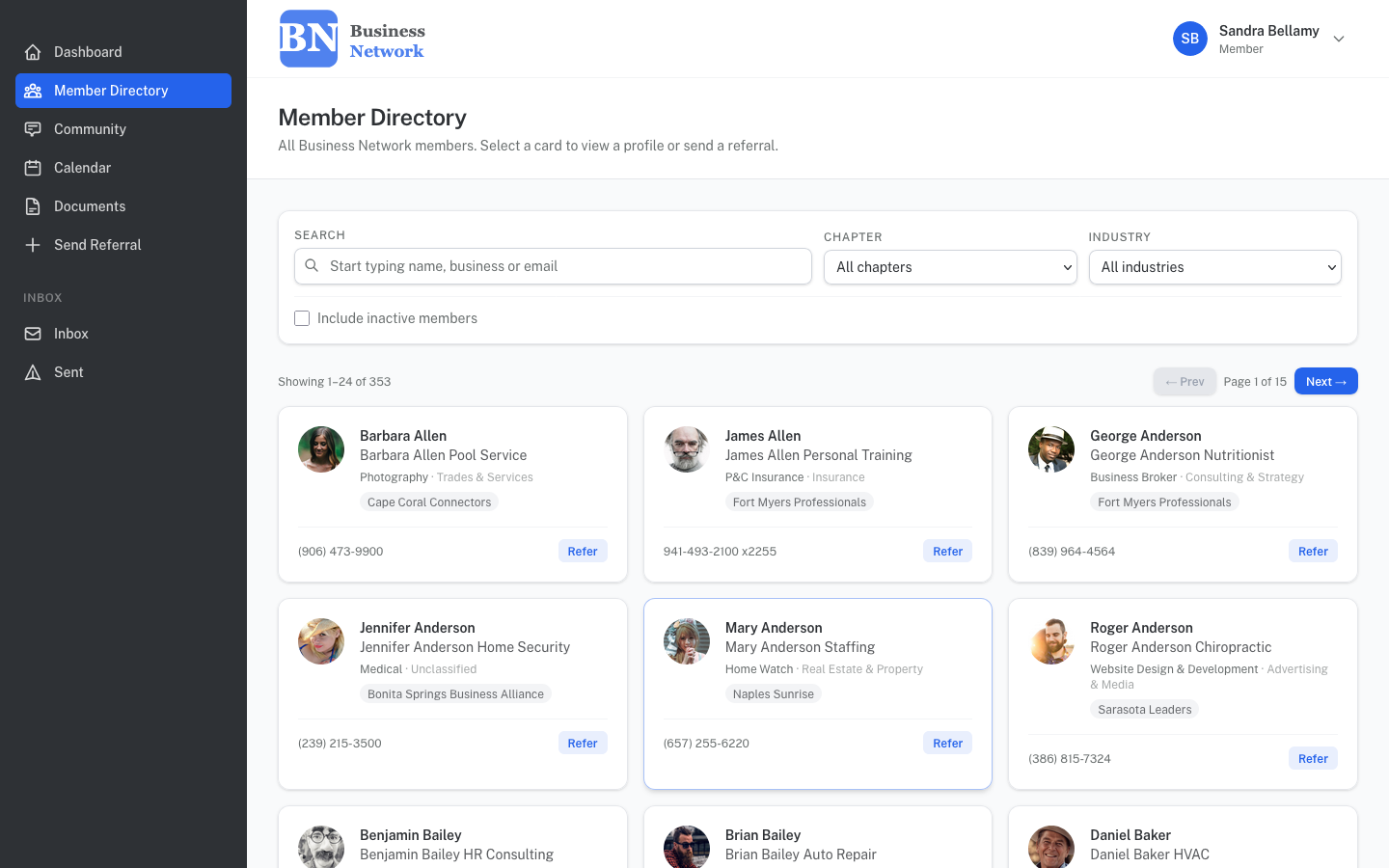 Member directory with search and filter controls
