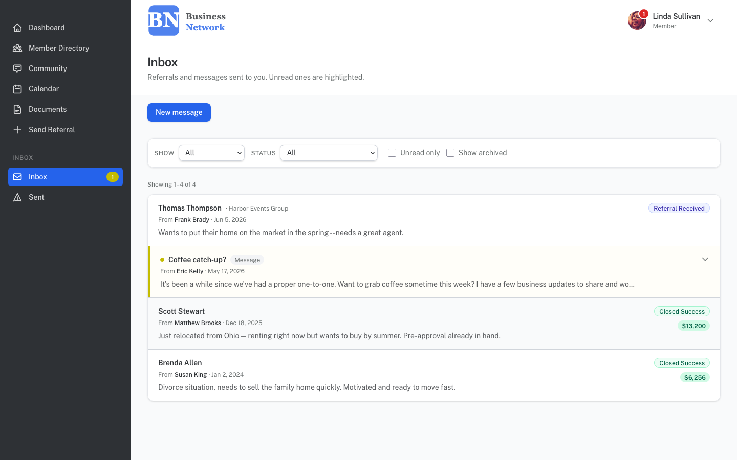 Member inbox showing referrals and direct messages in a unified view