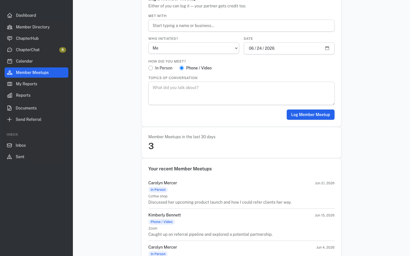 Member Meetups page showing one-on-one meeting log and history with in-person and phone/video badges