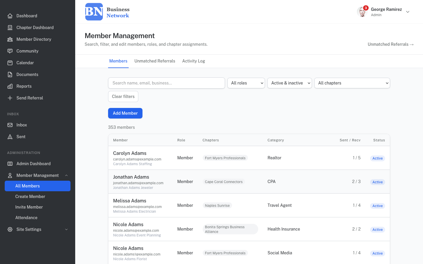 Member management table with role, chapter, and status filters