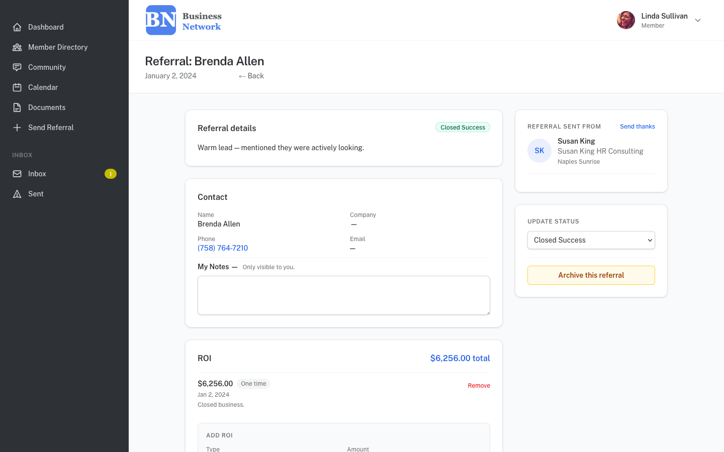 Referral detail page showing contact info, status, and ROI