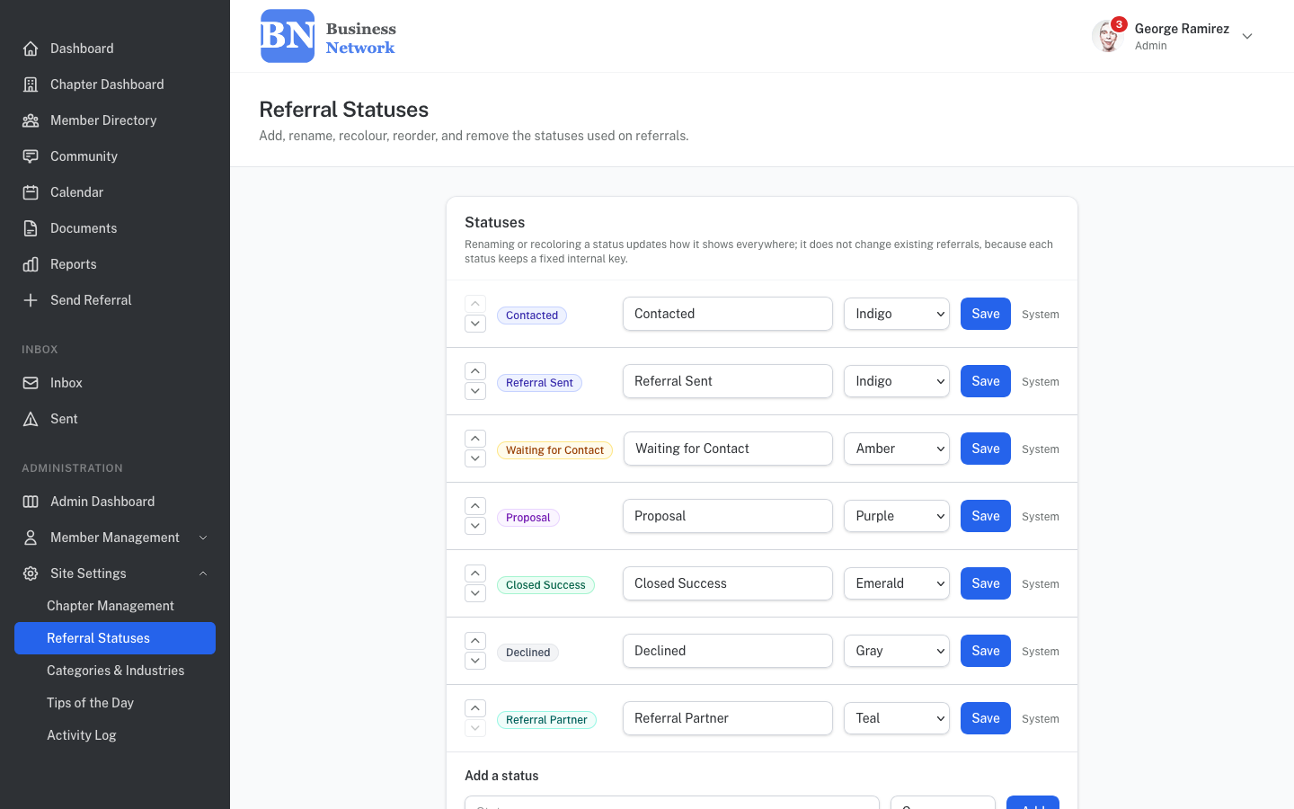 Referral status configuration with rename, recolor, and reorder